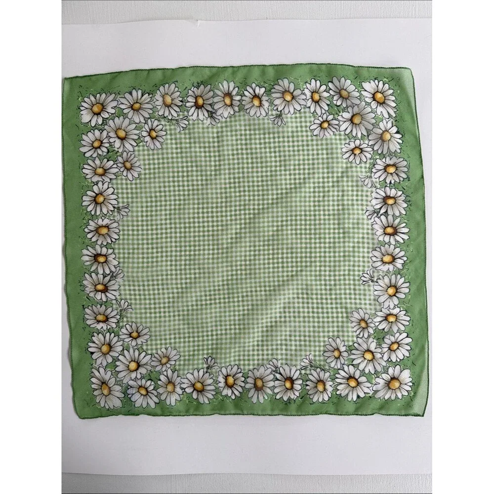 SMALL SQUARE DAISY GINGHAM SHEER SCARF GREEN YELLOW WHITE BANDANA  17